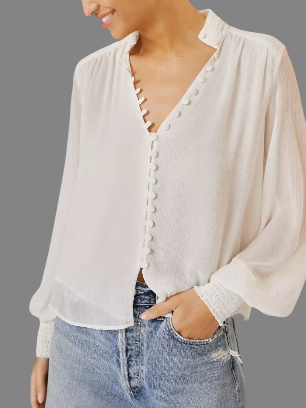 Anthropologie V-Neck Buttondown Blouse Long Sleeve Sheer White Medium